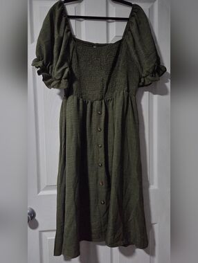 Olive Green Button-Front Smocked Midi Dress